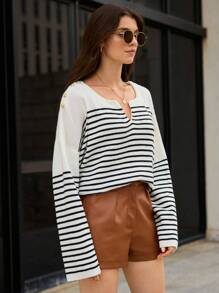 SHEIN Frenchy 條紋圖案缺口領落肩袖套頭毛衣
