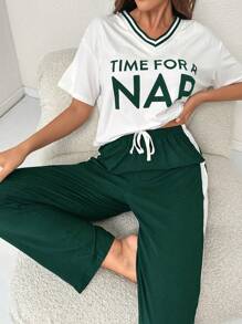 Bộ PJ / Bộ Pajama có họa tiết sọc trang trí dây rút eo - màu xanh lá - Xem 6