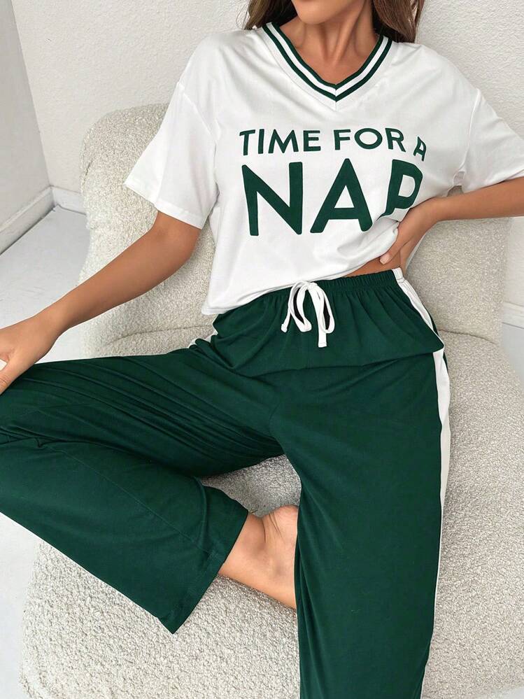 Bộ PJ / Bộ Pajama có họa tiết sọc trang trí dây rút eo - màu xanh lá - Xem 6