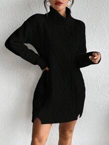 SHEIN LUNE Áo cao cổ Túi Kép Viền chia cắt Đầm Áo len - màu đen - Xem 7