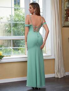 Sukienka dla druhny o jednolitym kroju o kroju syreny - Oliwkowy zielony - Zobacz 2