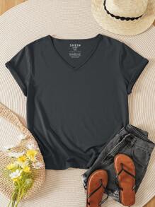 INAWLY Talla grande Camiseta unicolor de cuello V - Gris Oscuro - Ver 1