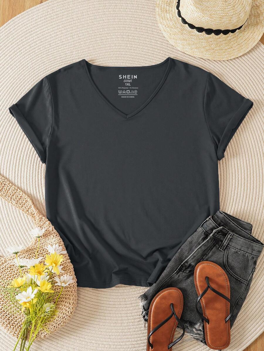INAWLY Talla grande Camiseta unicolor de cuello V - Gris Oscuro - Ver 1