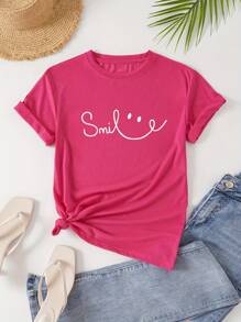 SHEIN EZwear 字母圖案T恤 - 玫紅色 - 查看 1
