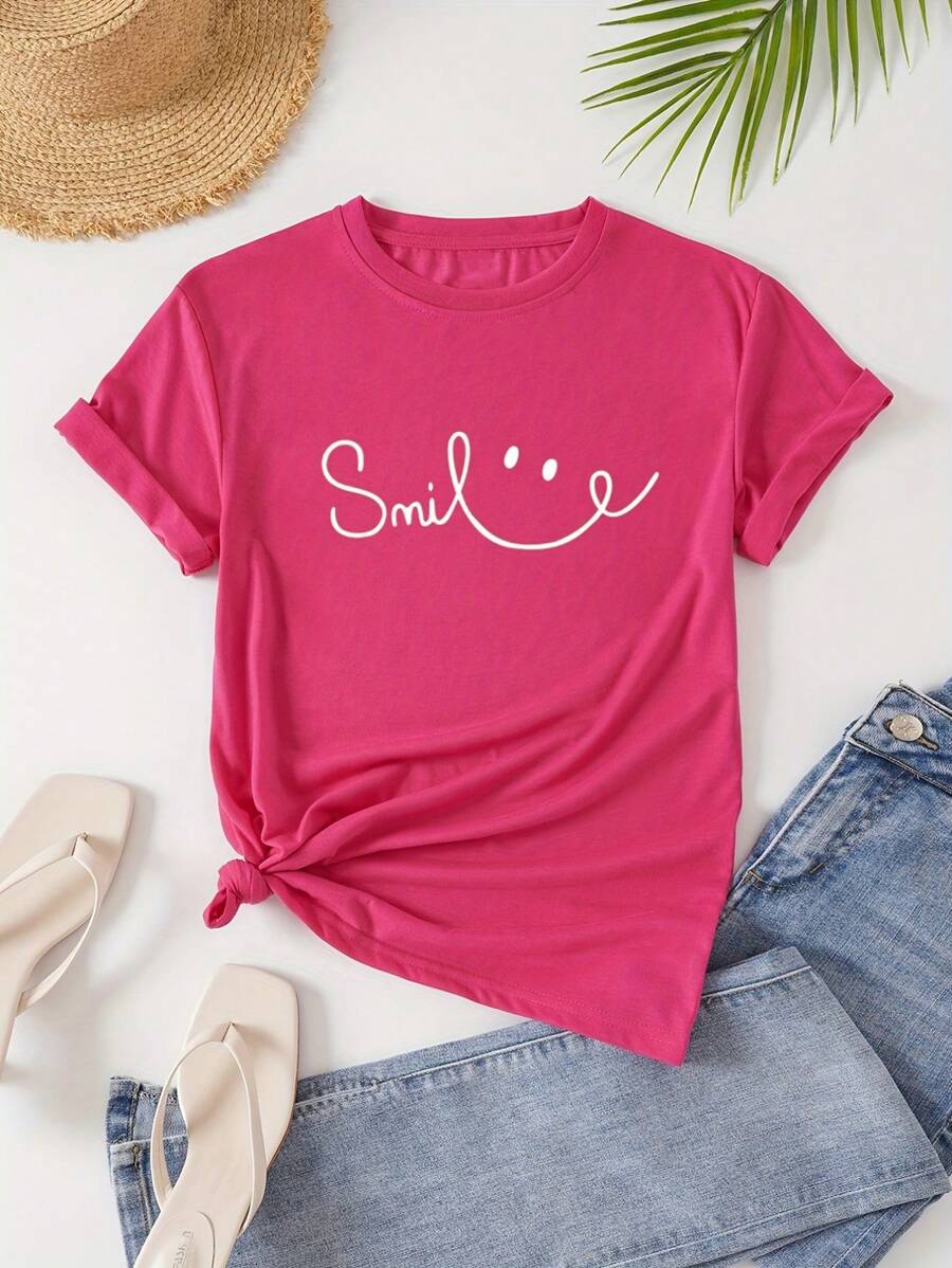 SHEIN EZwear 字母圖案T恤 - 玫紅色 - 查看 1