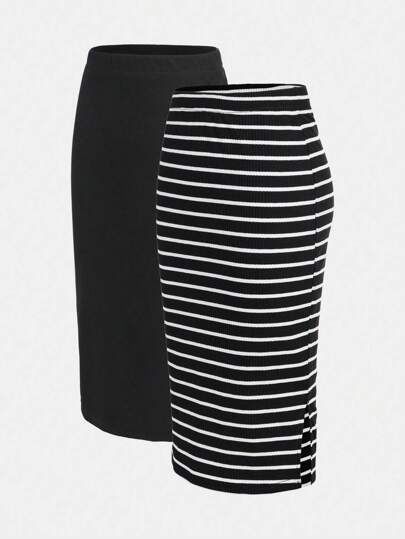 SHEIN Girlism Tween Girl 2pcs Striped Print Skirt
