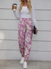 SHEIN LUNE Floral Print Knot Waist Pants - Multicolor - View 4