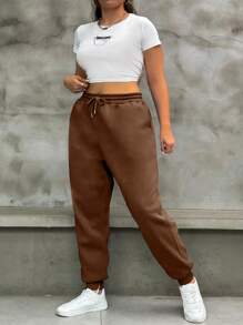 SHEIN EZwear Plus Drawstring Waist Sweatpants Graduation,Back To School Outfits,Graduation,Teacher Outfits For Women,Back To School - Coffee Brown - View 1