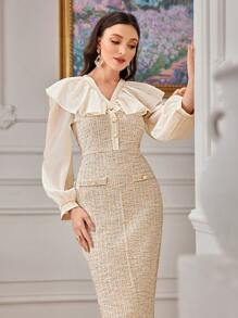 Modelyn 荷葉邊燈籠袖後背開衩粗花呢洋裝 - 杏色 - 查看 5