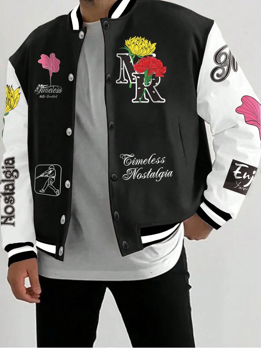 Manfinity EMRG Nam Đồ họa chữ & hoa Sọc trang trí Khối màu Áo khoác Đại học - Đen và trắng - Xem 1