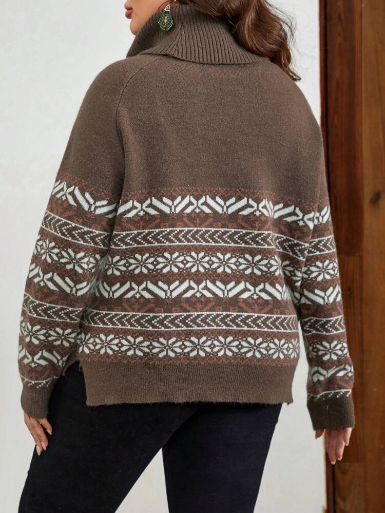 Plus Geo Pattern Turtleneck Raglan Sleeve Split Hem Sweater