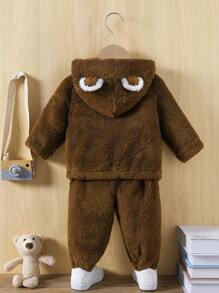 Đứa bé gái Viền tương phản áo có mũ Áo Teddy Jackets
   & Quần - Cà phê nâu - Xem 2