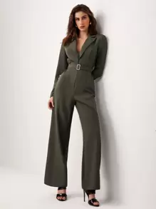 ODELIAR Designer Lapel Neck Belted Wide Leg Jumpsuit, Fall, For Autumn & Winter, Holiday - Army Green - View 4