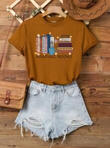 SHEIN EZwear Book & Letter Graphic Tee - Brown - View 1