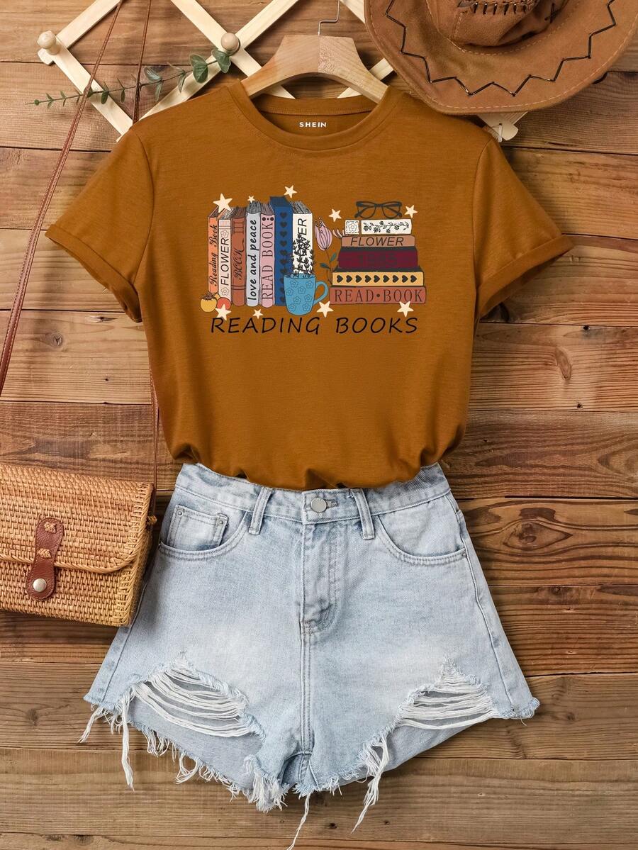 SHEIN EZwear Book & Letter Graphic Tee - Brown - View 1