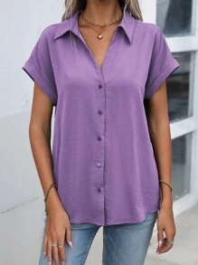 Wandoria Camisa unicolor de manga murciélago con botón delantero - Morado - Ver 4