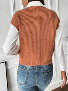 SHEIN LUNE 1入組口袋貼布針織上衣 - 棕色 - 查看 2