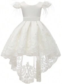 Young Girl Contrast Lace High Low Hem Gown Dress - White - View 1