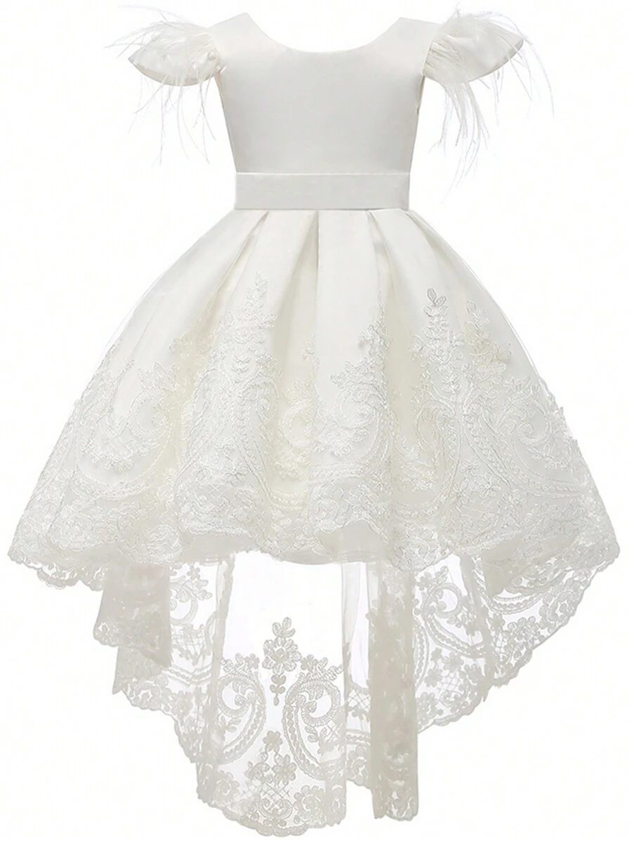Young Girl Contrast Lace High Low Hem Gown Dress - White - View 1