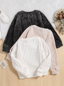 SHEIN Tween Girl 3pcs Solid Ribbed Fleece Pullover - Multicolor - View 2