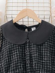 SHEIN Tween Girl Heart Print Flounce Sleeve Mesh Overlay Dress - Black - View 5