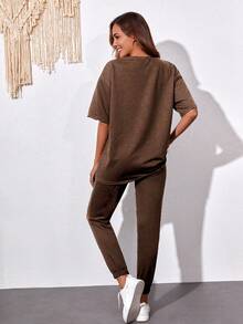 Cottnline Letter Graphic Drop Shoulder Tee & Sweatpants - Khaki - View 2