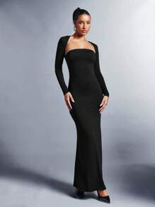 SHEIN BAE Solid Tube Dress With Bolero - Black - View 3