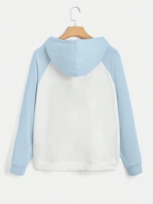 ROMWE Kawaii Star Print Raglan Sleeve Drawstring Hoodie - Baby Blue - View 9