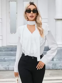 SHEIN Privé Viền Ruffle Nút phía trước Áo sơ mi - Màu be - Xem 5