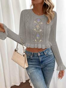 SHEIN Essnce 花卉刺繡荷葉邊網眼針織短款毛衣 - 灰色 - 查看 5
