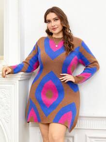Flirla Plus Geo Pattern Sweater Dress - Multicolor - View 3