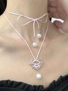 ROMWE Kawaii 1條流行的鐵合金心形設計人造珍珠裝飾項鍊,女士日常裝飾 - 粉色 - 查看 1