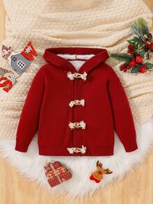 SHEIN 男童粗呢鈕扣前連帽開衫 - 酒紅色 - 查看 3