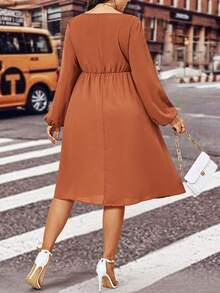 Celure Plus Asymmetrical Neck Lantern Sleeve Dress - Redwood - View 2