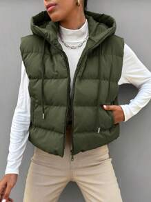 SHEIN Cottnline Zip Up Drawstring Hooded Puffer Vest Coat - Green - View 3