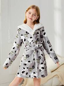 SHEIN Cô gái Tween Hình ảnh Panda & Chữ cái áo có mũ Thắt lưng Flannel Áo choàng ngủ - Màu Xám nhạt - Xem 4