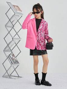 SHEIN 女大童1入組亮片拼接印花翻蓋細節西裝領外套 - 玫紅色 - 查看 5