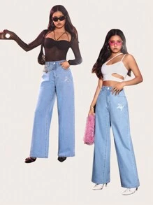 SHEIN 高腰蝴蝶圖案闊腿牛仔褲 - 淺色水洗藍 - 查看 7