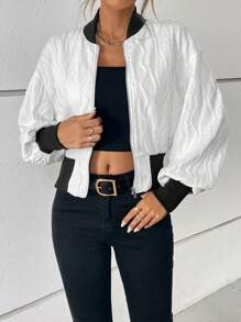 SHEIN Essnce Contrast Trim Drop Shoulder Bomber Jacket - Black and White - View 1