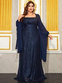 YISIKADO Plus Square Neck Bell Sleeve Sequin Prom Dress - Navy Blue - View 1
