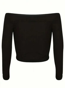 INAWLY Hơn Off Shoulder Đồ đan Ribbed Áo thun - màu đen - Xem 2