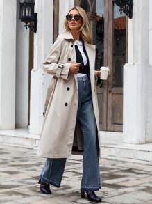 EURMUSE 女士时尚双排扣腰带风衣，秋季 - 米色 - 查看 1