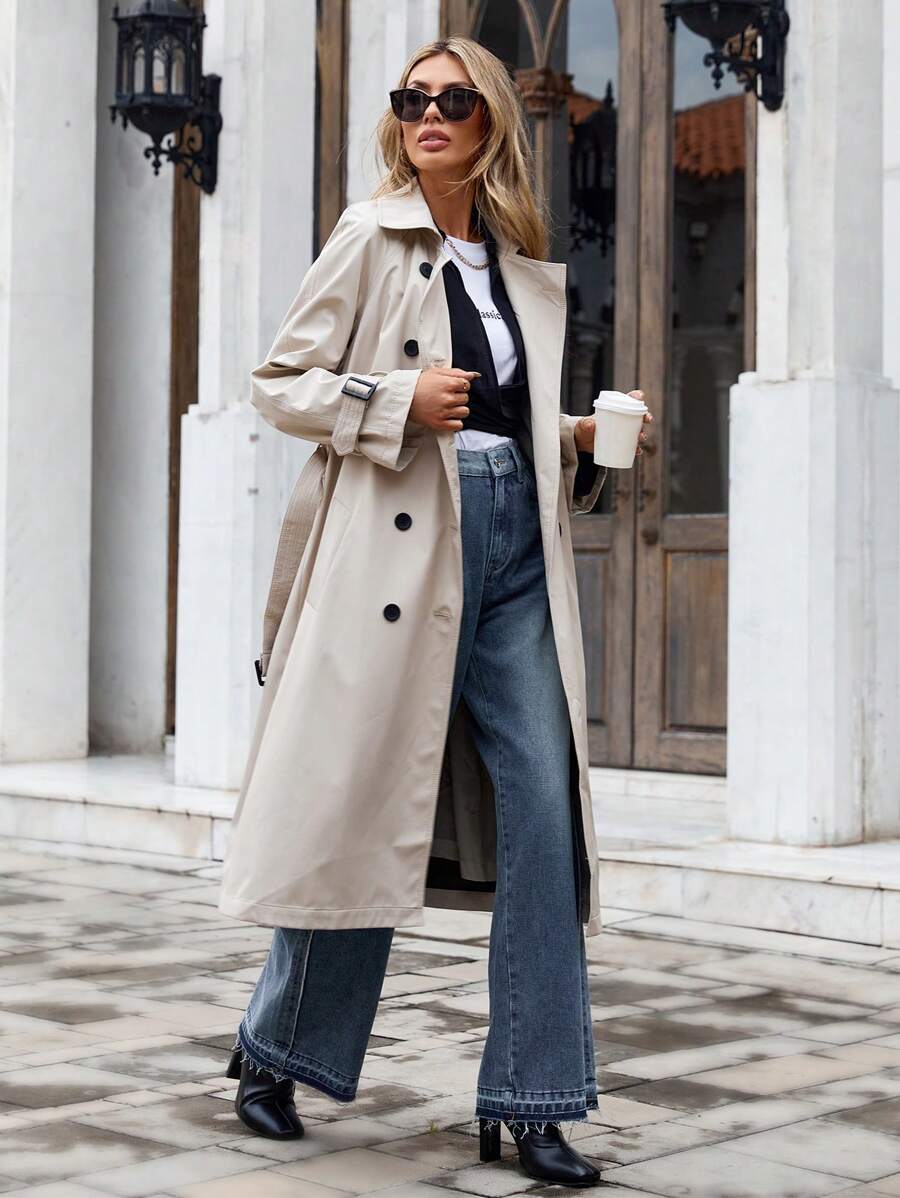 EURMUSE 女士时尚双排扣腰带风衣，秋季 - 米色 - 查看 1