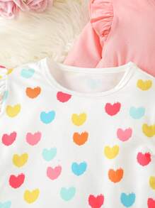 Baby Girl 3pcs Solid & Heart Print Ruffle Trim Tee Chic Outfits For Autumn/Winter - Beige - View 4