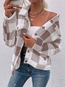 SHEIN LUNE Họa tiết kẻ sọc trâu Thả vai Flannel Áo khoác - Màu Khaki - Xem 1