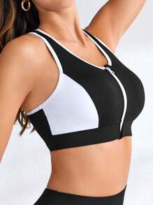 Yoga Futuristic Sujetador deportivo de dos tonos unido en contraste cremallera - Negro - Ver 1
