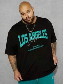 Manfinity VCAY 男士加大字母图案 T 恤，夏季 - 黑色 - 查看 1