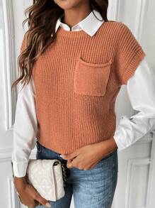 SHEIN LUNE 1入組口袋貼布針織上衣 - 棕色 - 查看 6