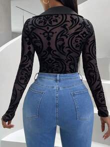 SHEIN SXY Flocked Mesh Bodysuit - Black - View 2