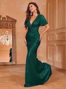 Women Elegant Faeriesty Women's Elegant Deep V-Neck Short-Sleeve Sparkly Sequined Evening Gown With Twist Waist Detailing & Flared Mermaid Hemline – Perfect For Black-Tie Galas, Red-Carpet Events, Formal Weddings, Opera Nights, Charity Balls, And High-Society Dinners,Summer Holiday Outfits - Dark Green - View 1